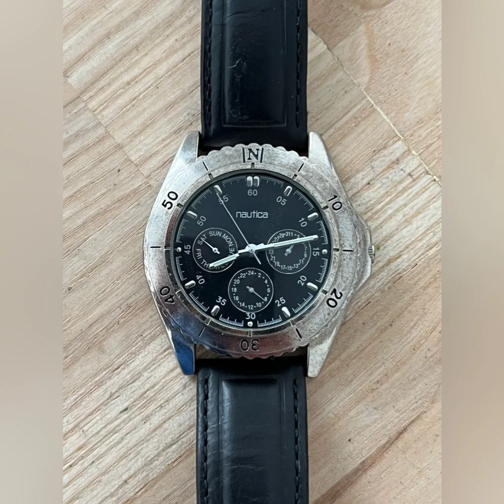 Nautica Vintage Chronograph Style Men’s Watch Black Dial Black Leather Strap